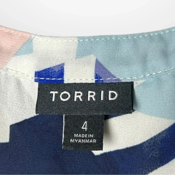 Torrid Blue Geo Peplum Georgette Button-Front Tie-Front Blouse  4 - Picture 5 of 7